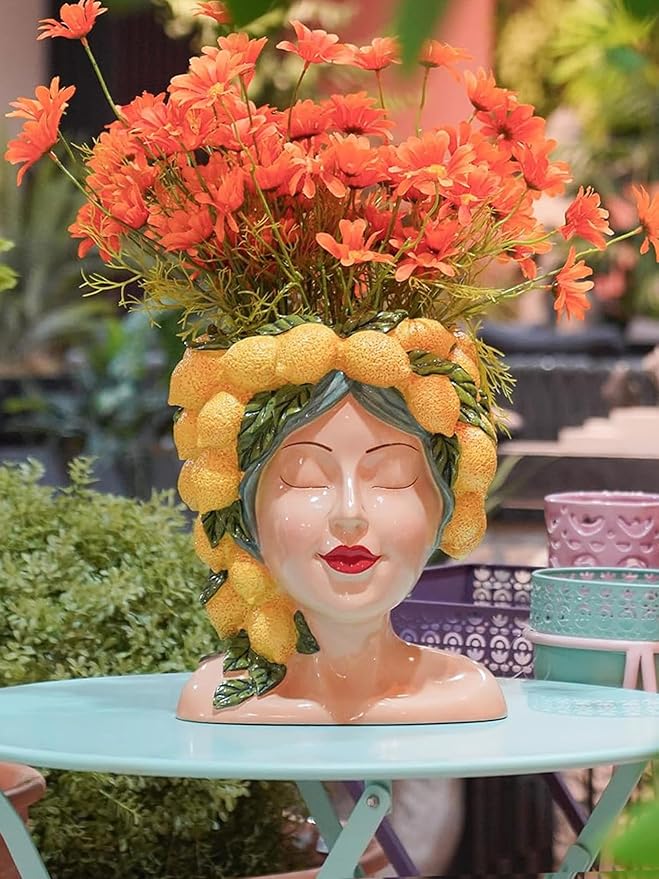 DiliComing Face-Planters Pots Head Garden Decor - 12 Inch Planters Pot with Drainage Hole for Indoor and Outdoor 10.4 x 9.1 x 11.9 Inch