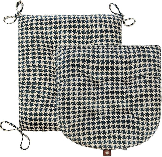 Outdoor Patio Cushion, Rocking Chair Cushion, Tufted Pads, Set of Upper and Lower with Ties Pack of 2 (2 Sets) - Back 20"×17", Seat 17"×17" (Blue Houndstooth)
