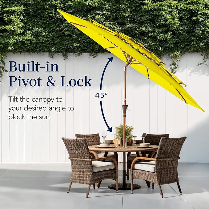 Best Choice Products 10ft 3-Tier Solar Patio Market Umbrella, Outdoor Sun Shade for Backyard, Deck, Poolside, Table w/Woodgrain Pattern, LED Lights, Tilt Adjustment - Yellow
