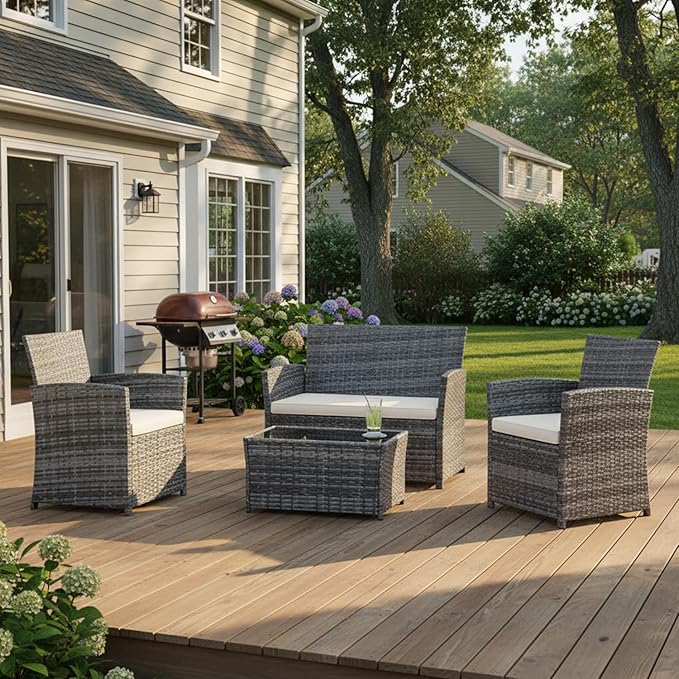 FHFO 4 Piece Outdoor Patio Furniture Sets, Wicker Sectional Conversation Sofa Set, Rattan Chairs Table Loveseat with Cushions for Outside Balcony Porch Backyard (Gray-Beige)