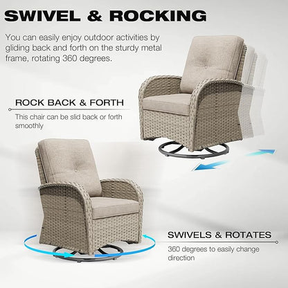 Joyside Outdoor Swivel Rocker Chairs, 3 Piece Wicker Patio Set with Thick Cushion and Side Table, Rattan Patio Swivel Rocking Chairs for Porch, Deck Use (Natural/Beige, 3 PCS)