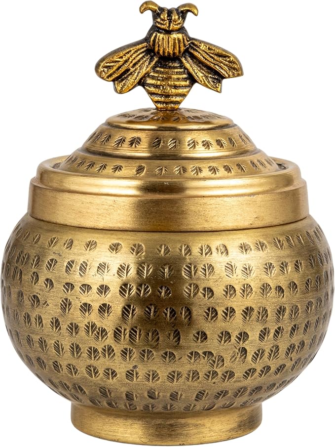 Creative Co-Op Round Hammered Metal Container with Bee Finial, Brass Finish