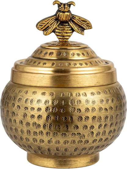 Creative Co-Op Round Hammered Metal Container with Bee Finial, Brass Finish