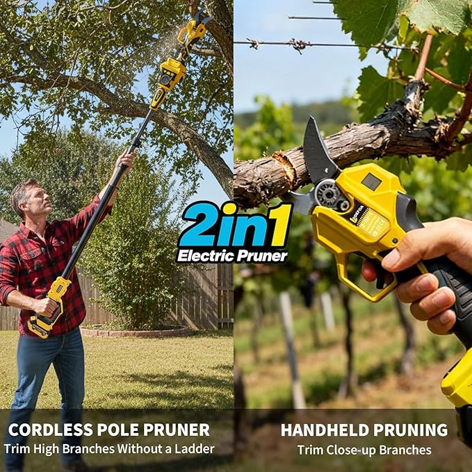 2-IN-1 Electric Pole Pruning Shears, 1.6" Cutting Diameter-Brushless Motor, Cordless Power Pruner with Extension Pole, Total Reach of Max 15.58FT, 2×4.0Ah Battery, SK5 Blade×2, LCD,for Garden Trimming