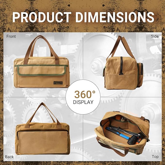 Mechanic's Waxed Canvas Small Tool Bag, Color-Blocking Design, Touch Fastener Front & Zipper-Closure Back Utility Bag (Khaki)