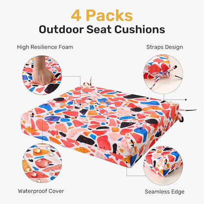 UNIKOME Outdoor Chair Cushions Pack of 4, Water Resistant Patio Cushions with Ties, High Density Sponge Filling Square Corner Seat Cushions for Outdoor Furniture, 19"*19"*3", Petal Stone
