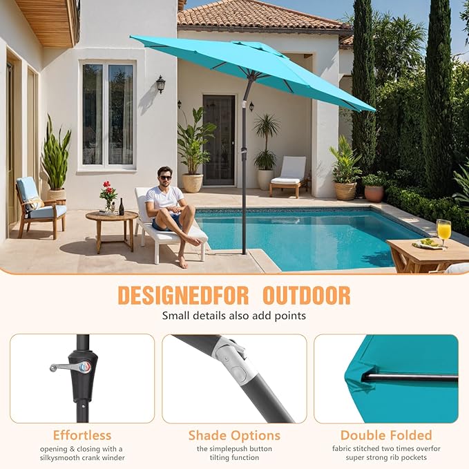 Outdoor Patio Umbrella, Table Umbrella with Push Button Tilt and Crank, 8 Ribs Market Umbrella