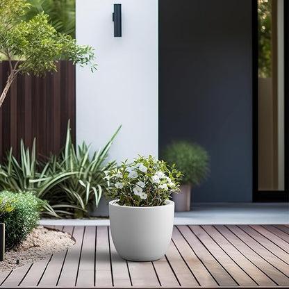 Kante 14 Inch Dia Round Concrete Planter, Indoor Outdoor Large Plant Pot with Drainage Hole and Rubber Plug for Home Patio Garden, Pure White