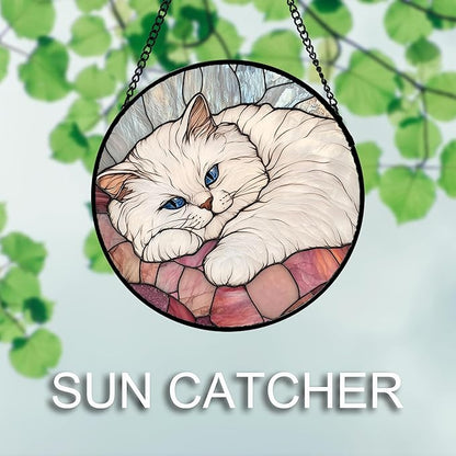 Stained Glass Window Hanging 4 Pcs Set Cute Cat 7.8" - Suncatcher Door Garden Sun Catcher Decor Birthday Mother's Day Christmas Comfort Gifts for Lost Pet Woman Nana Mom Men Friend