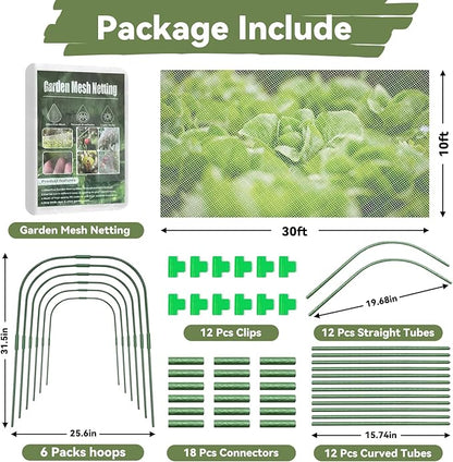 Garden Mesh Netting Kit for Raised Beds, 10 * 30FT Ultra Fine Plant Netting Covers with 6 Pcs Wide Garden Hoops & 12 Clips, Row Cover Net Protect Greenhouse Fruit Vegetable Flowers from Birds Bugs