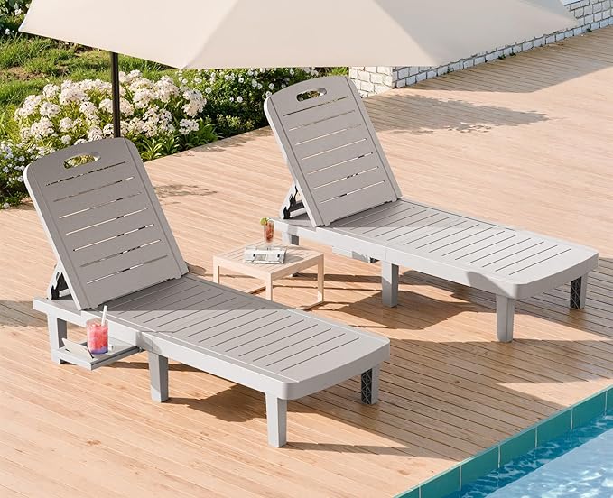 WACASA Outdoor Chaise Lounge Chairs Set of 2, Oversized Lounge Chairs with 5-Level Adjustable Backrest & Cup Holder, Resin Waterproof Pool Lounge Chair for Poolside, Patio, Beach, Yard, Gray