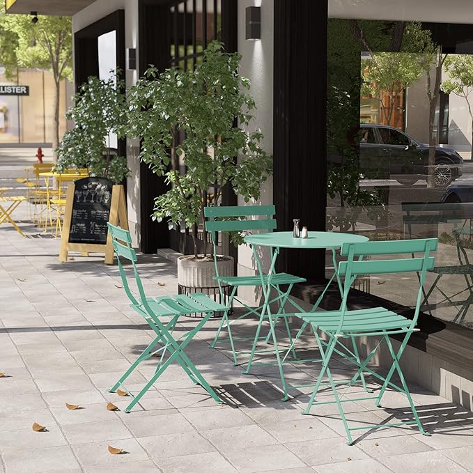 Grand patio 3-Piece Steel Foldable Bistro Set, 2 Chairs and 1 Table, Weather-Resistant Outdoor/Indoor Conversation Set for Patio, Yard, Garden-Macaron Blue