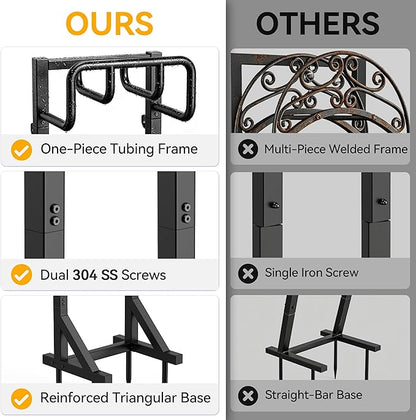 Garden Hose Holder Stand, Freestanding Heavy Duty Metal Hose Holder with Stable Base and Tool Hooks, Rustproof Water Hose Storage Rack for Outside Yard Lawn