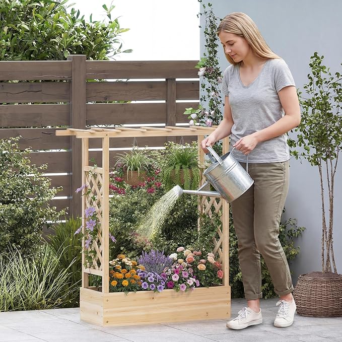 S AFSTAR Raised Garden Bed with Trellis, 2-in-1 Fir Wood Planter Box with Flat Roof & Drainage Holes, Vertical Planter Raised Bed for Climbing Plants, Flowers & Vegetables, 43" x 14" x 45" (Natural)