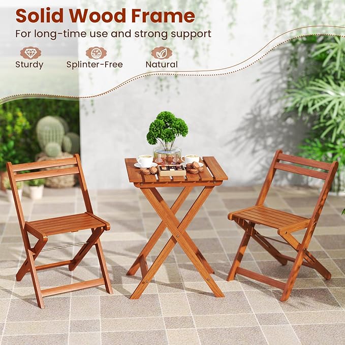 HAPPYGRILL 3 Piece Outdoor Wood Bistro Set, Solid Wood Furniture Set w/ 2 Folding Chairs & Dining Table, Slatted Seat & Tabletop, Patio Dining Set for Backyard, Poolside