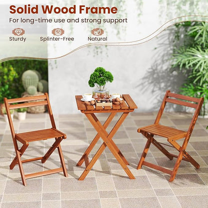 HAPPYGRILL 3 Piece Outdoor Wood Bistro Set, Solid Wood Furniture Set w/ 2 Folding Chairs & Dining Table, Slatted Seat & Tabletop, Patio Dining Set for Backyard, Poolside