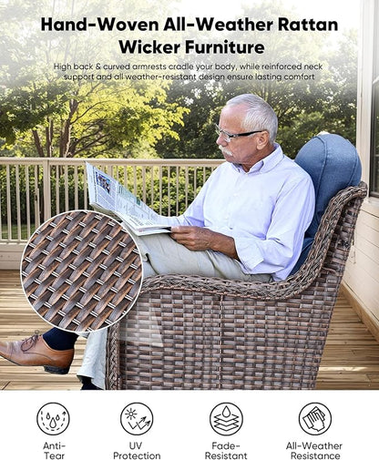 HUMMUH Wicker Patio Furniture High Back Swivel Rocker Patio Chairs Outdoor Bistro Set with Ottomans Side Table for Porch Garden Deck