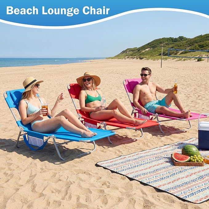 DUMOS Lounge Chair Outdoor, Beach Tanning Chair with Face Hole, Pink | 5-Position Adjustable Sunbathing Tanning Chair, Foldable Portable Chaise Lounge by Pool Patio Lawn Camping Reading, Arm Hole