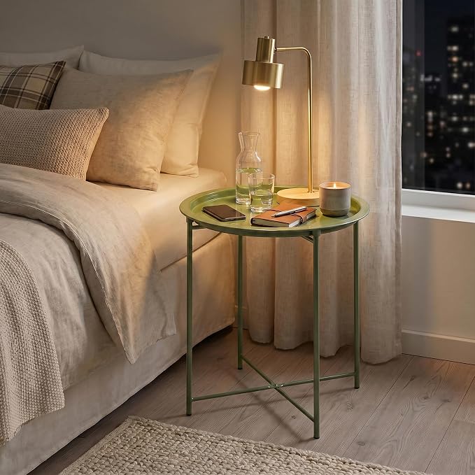 VECELO Side/End Table, Folding Round Metal Anti-Rust and Waterproof Outdoor or Indoor Tray for Living Room Bedroom Balcony and Office, 2 PCS, Dark Green