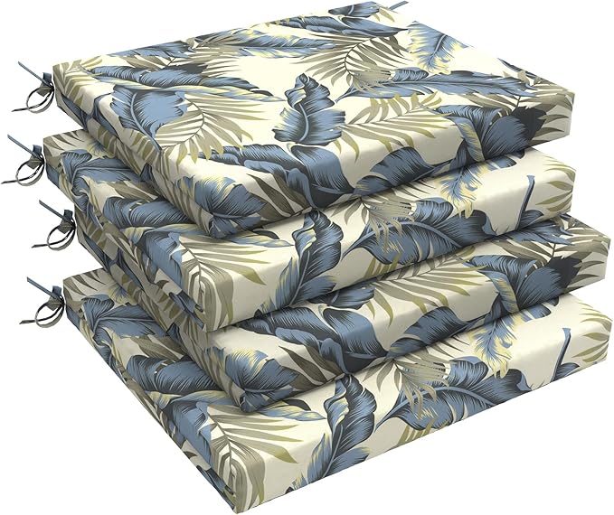 LVTXIII Outdoor Seat Cushions Set of 4 Square Corner Chair Cushions with Ties, Patio Chair Pads for Home Office and Patio Garden Furniture Decoration 18.5"x16"x2", ‌Lush Palm Blue