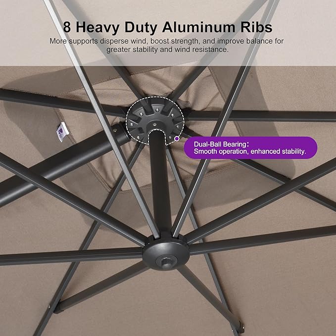 PURPLE LEAF 10 FT Cantilever Patio Umbrella Outdoor Aluminum Offset Square Umbrella with 3 Years Fade Resistance Recycled Fabric and 360-degree Rotation for Deck Pool Garden, Ash Mocha