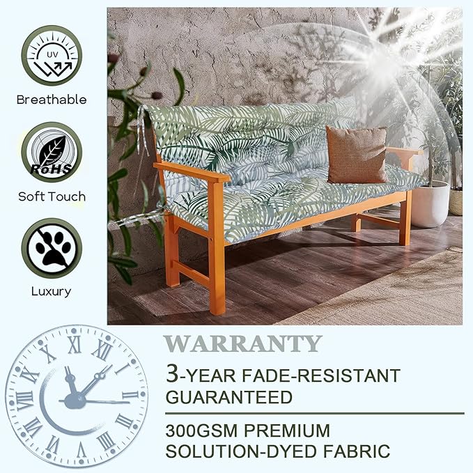 Outdoor Swing Cushions 3 Seater Waterproof, Replacement Bench Cushions for Outdoor Patio Furniture with Backrest, Porch Swing Cushion with Ties for Lawn and Garden (Bamboo Leaves, 40x40in)