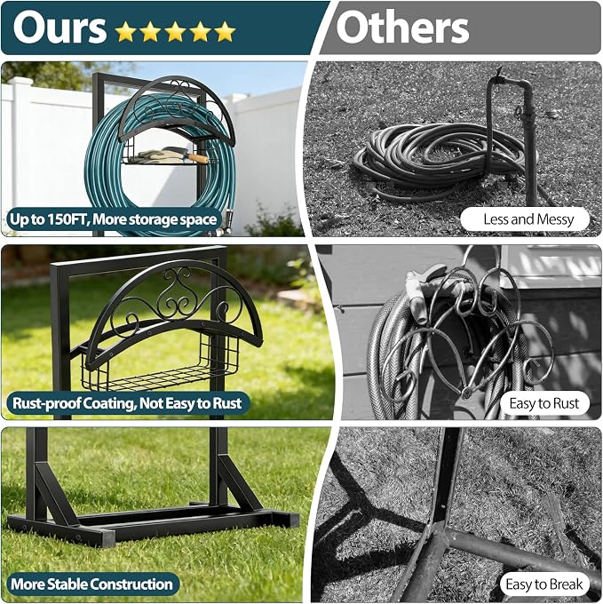 Garden Hose Holder Stand, BOLITE Metal Hanger with Storage Basket, 150ft | Heavy Duty, Freestanding Detachable, Water Hose Holder with Storage Basket, 4 Spikes, Storage Rack for Outside Yard Lawn Farm