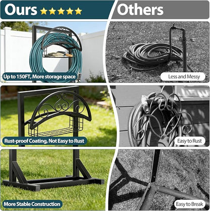 Garden Hose Holder Stand, BOLITE Metal Hanger with Storage Basket, 150ft | Heavy Duty, Freestanding Detachable, Water Hose Holder with Storage Basket, 4 Spikes, Storage Rack for Outside Yard Lawn Farm