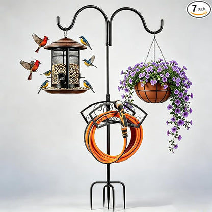 78" Heavy Duty Freestanding Garden Hose Holder, Supports 30lb & 150ft Water Hose Stand with Hose Reel, 5 Ground Spikes & 2 Shepherd Hooks, for Hose Storage, Hanging Bird Feeders, Planters