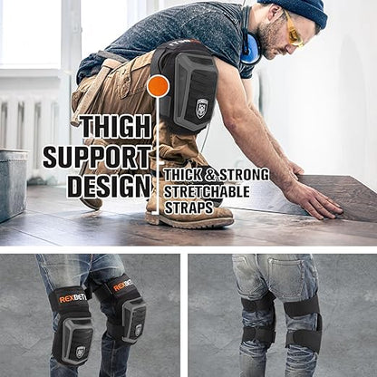 REXBETI New Upgraded Knee Pads for Work, Construction Knee Pads for Men, Heavy Duty Comfortable Anti-Slip Foam Gel Knee Pads for Gardening Flooring and Cleaning, Extra 4 Extension Straps, Gray