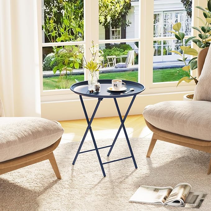 Garden 4 you Folding TV Tray Table, Metal Round Side Table, Blue Dinner Table with Metal Frame, Modern Outdoor Tray Table for Living Room, Bedroom, Patio & Small Spaces, 1 Pack