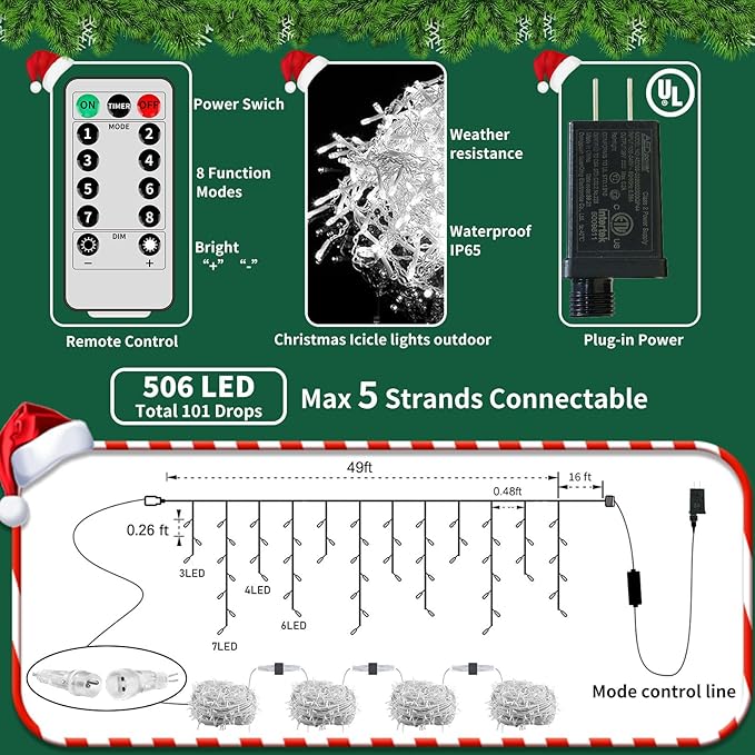 Icicle Christmas Lights for Outside - 65Ft 506 LED Plug-in Icicle String Lights Outdoor Decorations with Remote,Waterproof, Cool White Christmas Icicle Lights for House Bedroom Balcony Decor