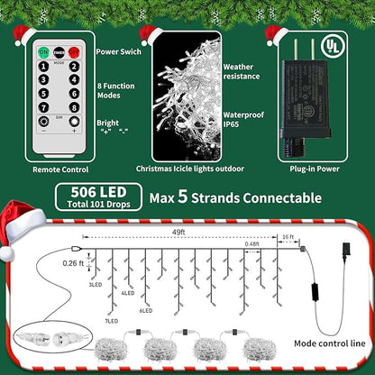 Icicle Christmas Lights for Outside - 65Ft 506 LED Plug-in Icicle String Lights Outdoor Decorations with Remote,Waterproof, Cool White Christmas Icicle Lights for House Bedroom Balcony Decor
