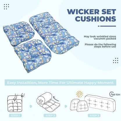 DANGHOOGY Wicker Chair Cushions, Waterproof Outdoor Loveseat Cushions for Patio Furniture, Tufted Wicker Furniture Cushions, 1 Loveseat and 2 U-Shaped Cushions (Blue Floral)