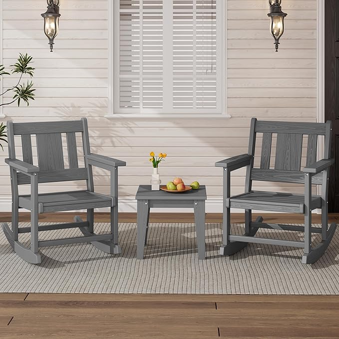 SERWALL Outdoor Rocking Bistro Set, HDPE Patio Furniture Set, Porch Rocking Chair Set with Table for Backyard, Balcony, and Garden- Grey