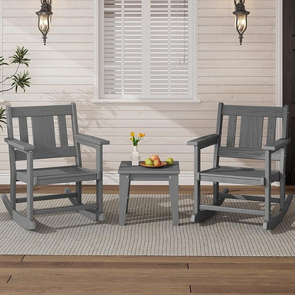 SERWALL Outdoor Rocking Bistro Set, HDPE Patio Furniture Set, Porch Rocking Chair Set with Table for Backyard, Balcony, and Garden- Grey