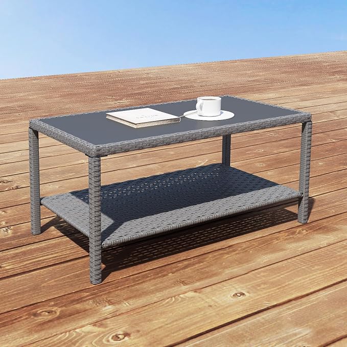 C-Hopetree Small Outdoor Coffee Side End Table for Outside Patio Storage, Gray All Weather Wicker with Glass Top, Rectangle