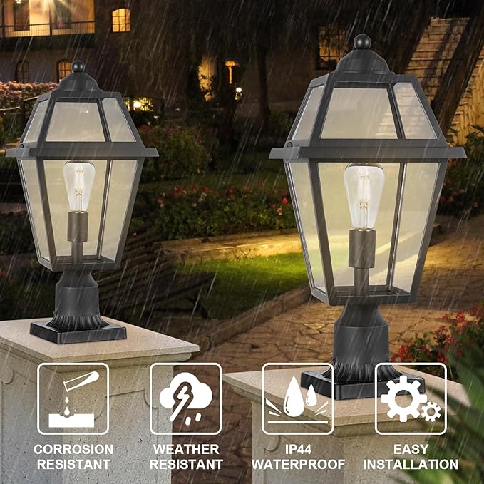 Large Outdoor Post Light Fixture, Colonial Exterior Pillar Lantern with Black Finish & Clear Glass, Vintage Pier Mount Pole Light Lamp for Garden, Backyard, Courtyard, Patio, Pathway, Walkway