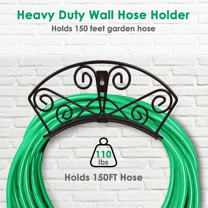TomCare Garden Hose Holder Heavy Duty Water Hose Holder Holds 150 FT Hoses Solid Metal Hoses Hanger Wall Mount Decorative Durable Garden Hoses Storage Hose Reel Hose Organizer for Outside Yard, Black