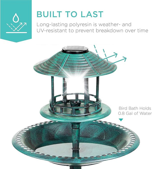 Best Choice Products Solar Outdoor Bird Bath Vintage Resin Pedestal Fountain Decoration for Yard, Garden w/Planter Base, Feeder, Decorative Bird Cage, Fillable Stand - Green