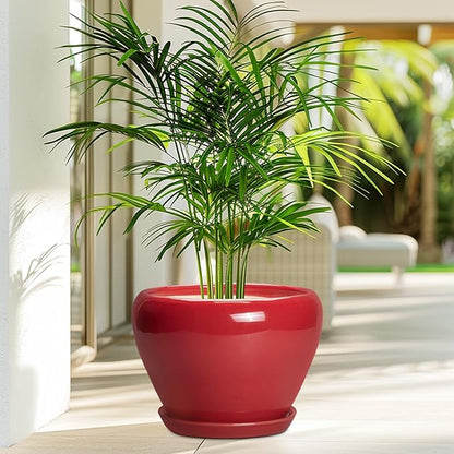10 Inch Plant Pot - Ceramic Planter for Indoor Outdoor Plants, Glaze Modern Round Planter with Drainage Hole and Saucer, Gifts for Plant Lovers, Home Room Garden Decor, Red