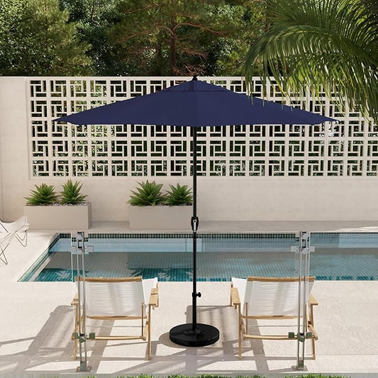 California Umbrella 9' Rd Aluminum Patio Umbrella, Crank Lift, Auto Tilt, Black Finish, 4yr Fade Warranty, Navy Blue
