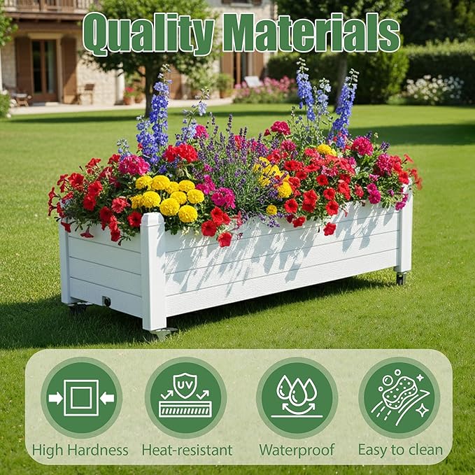 Raised Garden Bed with Wheels Outdoor, Resin Planter Box with Drain Hole and Water Level Detector for Backyard, Patio, Balcony(White)