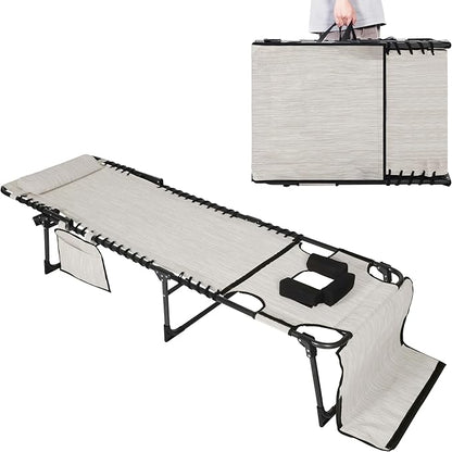 MUPATER Patio Chaise Lounge Chair for Outdoor with Face Hole, 4-Fold Ajustbale Backrest, Removable Pillow and Detachable Pocket, Portable Sun Lounger Recliner for Beach, Camping and Pool, Beige