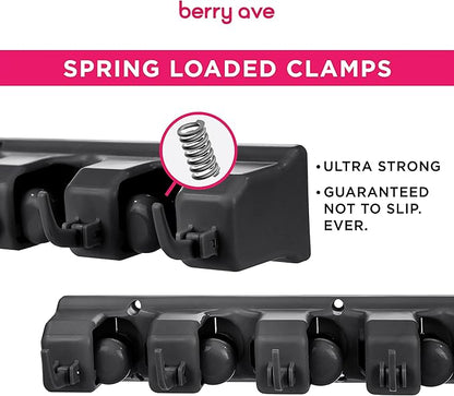 Combo 5 Slot Broom Holder w/ 1 Self Adhesive Mop Gripper No-Drilling, Wall Mount Tool Organizers For Kitchen, Garage, Laundry Room- Anti-Slip Hanger For Brooms, Mops, Rakes, Dustpans (Black / Black)