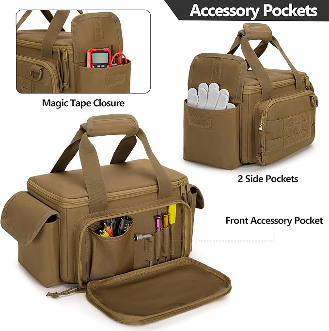 Rexmica Small Tool Bag with Anti-friction and Thick Padded Bottom, Tool Storage Organizer for Men, Tactical Bag, Range Bag, Multi-functional Work Tote for Repairman, Electrician, Carpenters (Khaki)