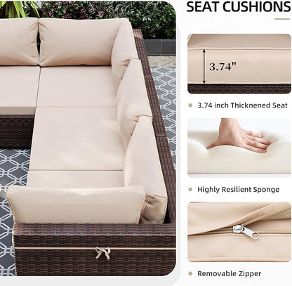 UPHA 9 Pieces Patio Furniture Sets Outdoor Sectional Sofa Wicker Conversation Couch for Decks, Backyards, Gardens, Brown Rattan, Beige Cushion