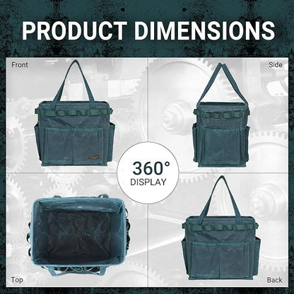Collapsible Waxed Canvas Tool Pouch with 23 Hanging Holes - Reusable Grocery Bags with Handles for Garden/Camping/Tools/Car Trunk Storage, 14" x 13" x 10" | Dark Green