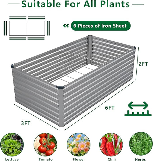 DIIYIV Galvanized Raised Garden Bed Kit Outdoor Patio,6x3x2ft Large Rectangular Metal Planter Boxes,Deep Root Box Planter for Gardening,Vegetables,Flowers,Herbs-Silver