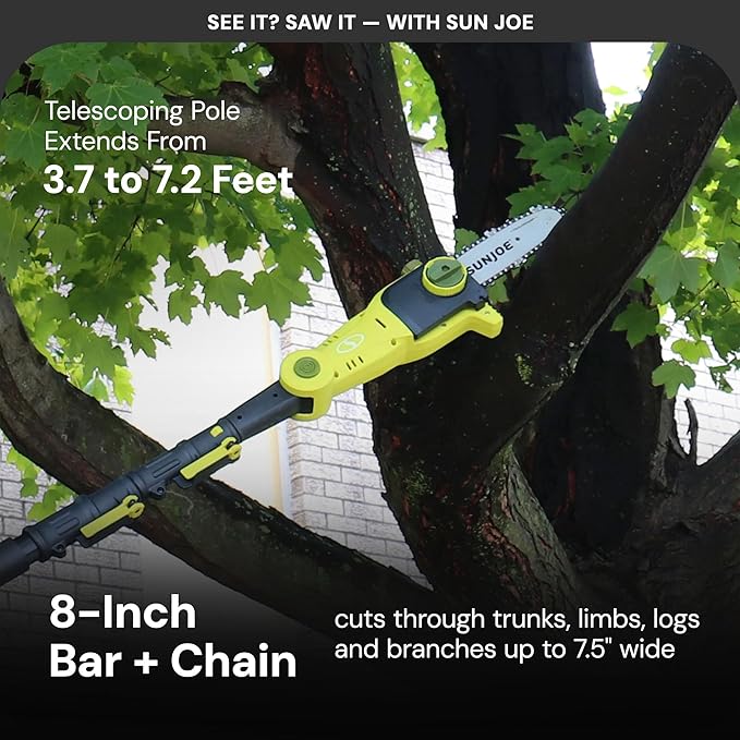 Sun Joe Cordless Pole Chainsaw Machine, Electric Telescoping Trimmer, Extendable Up to 7.2 Ft - Heavy-Duty Trimming Equipment for Tree Trunks, Limbs, Logs, Brush, and Branches, 24V-PS8-LTE